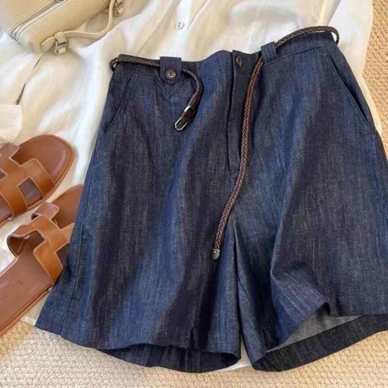 ショートパンツ レディース 夏用 ハイウエスト ワイドレッグ リネン デニム 再生繊維 混紡 接触冷感 吸湿速乾 カジュアル 普段使い 軽量 伸縮性