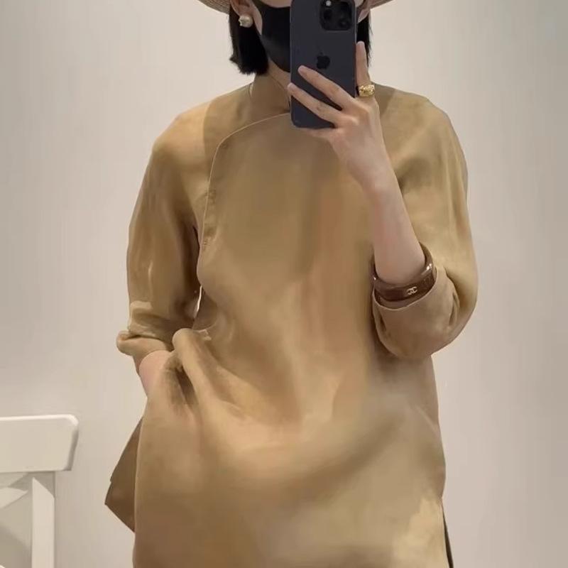 レディース シャツ カーキ オーガンジー ゆったり 切り替え レトロ 中国 軽熟 トップス ブラウス 吸湿速乾 軽量 リラックスフィット