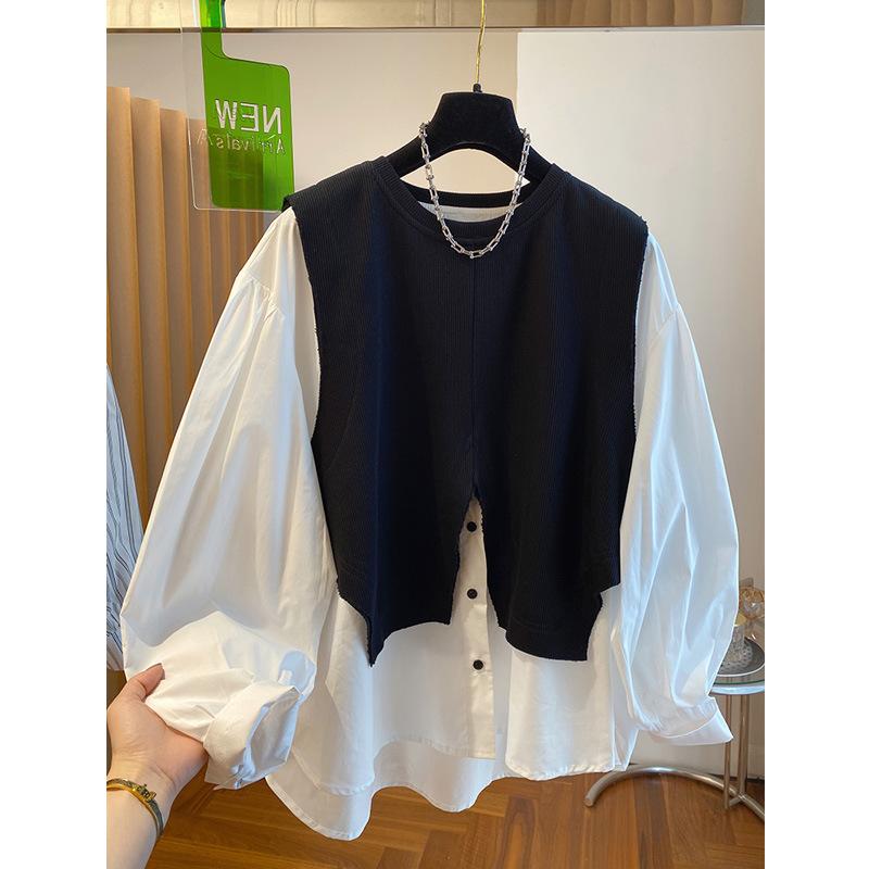 レディース シャツ 長袖 ゆったり ビッグサイズ フェイクツーピース ベスト 付き デザイン トップス ルーズフィット カジュアル 普段使い ブラウス ワイドシルエット