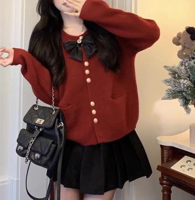 カーディガン レディース 厚手 ニット 春秋 かわいい リボン 赤 上品 フェミニン スタイル アウター トップス 暖か 普段使い 柔らかい 素材