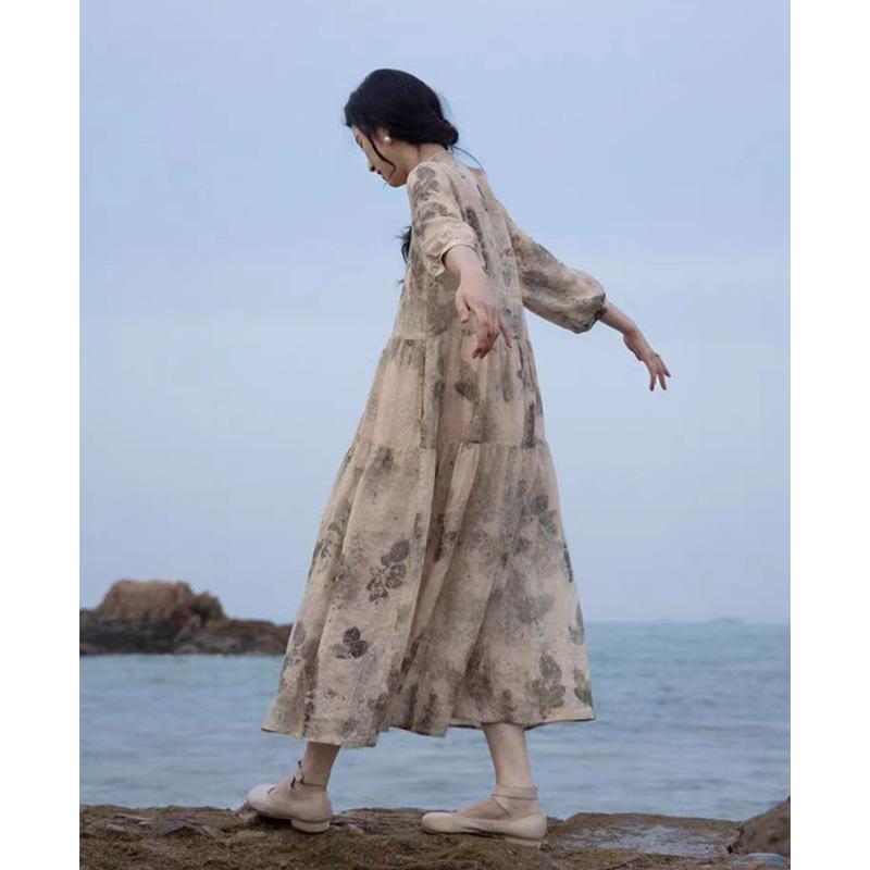 ワンピース レディース 夏 短袖 Vネック ゆったりシルエット スリム効果 植物柄 プリント 小花柄 ラミー素材 軽量 涼感 吸湿速乾 通勤 普段使い|北摂軽太郎便