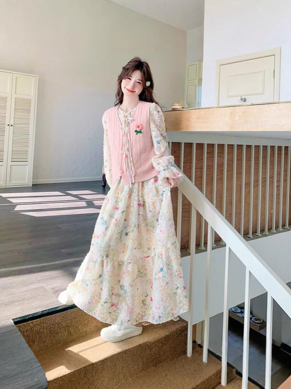 ワンピース レディース ピンク かわいい ニット ベスト 付き ロング丈 ドレス セット 春夏 ガーリー スタイル 柔らかい 素材 伸縮性 日常使い｜北摂軽太郎便