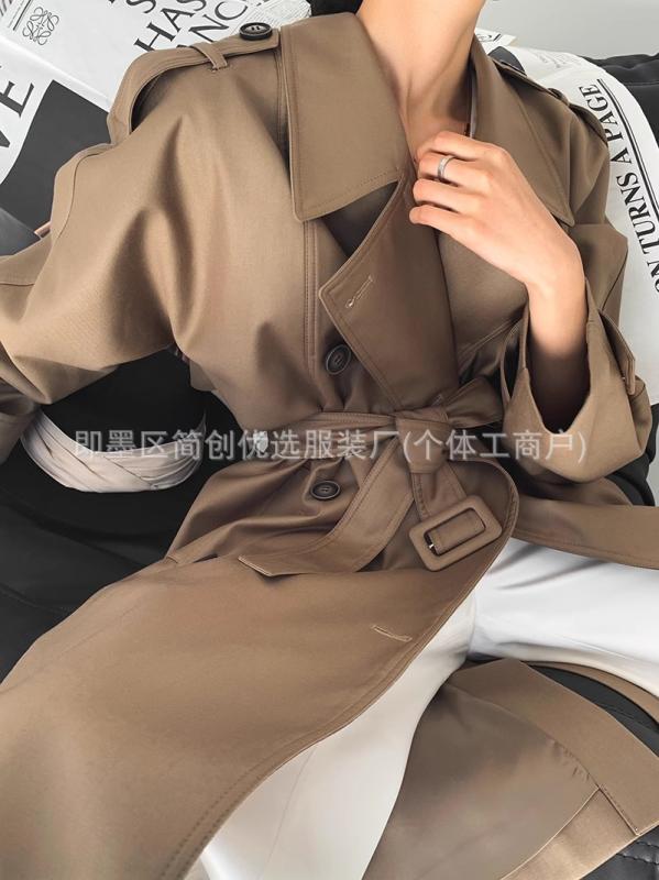 レディース ロングトレンチコート カーキ色 ベルト付き 長袖 ウエストシェイプ スリム効果 通勤用 上品 アウター 秋冬 軽量 スタイリッシュ|北摂軽太郎便
