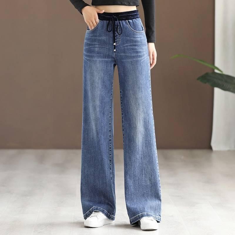 レディース デニムパンツ ハイウエスト 伸縮ウエスト ワイドレッグ ゆったり ストレート ロングパンツ 春秋 弾力性 スリム効果 ドレープ感 カジュアル 普段使い デニム素材