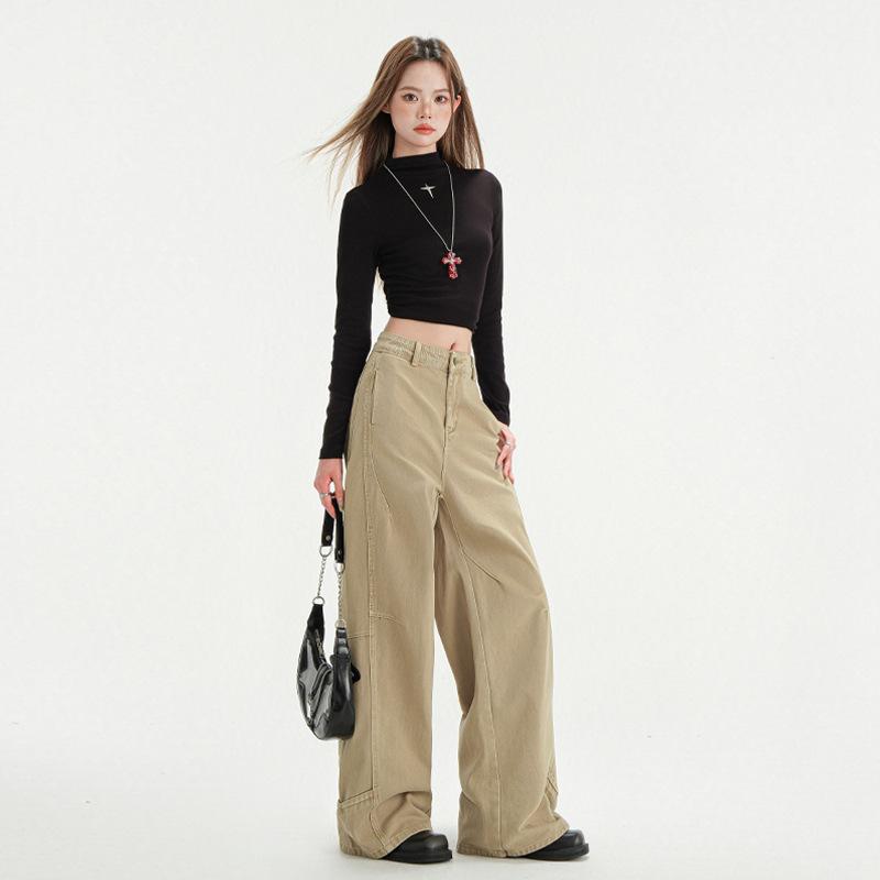 レディース ワイドレッグ デニムパンツ アメリカン レトロ 切り替え デザイン ゆったり ストレート ロング カーキ 春 カジュアル 普段使い デニム素材
