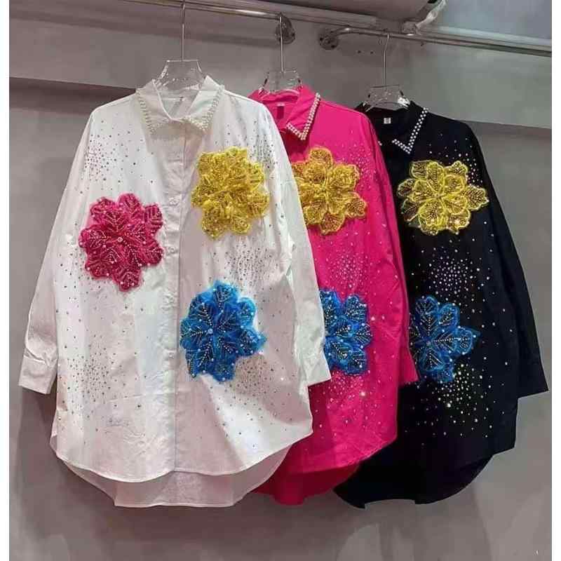 レディース ロングシャツ ビーズ刺繍 ラインストーン 立体花 春 カジュアル ルーズ トップス ブラウス 普段使い 装飾 ワイドシルエット