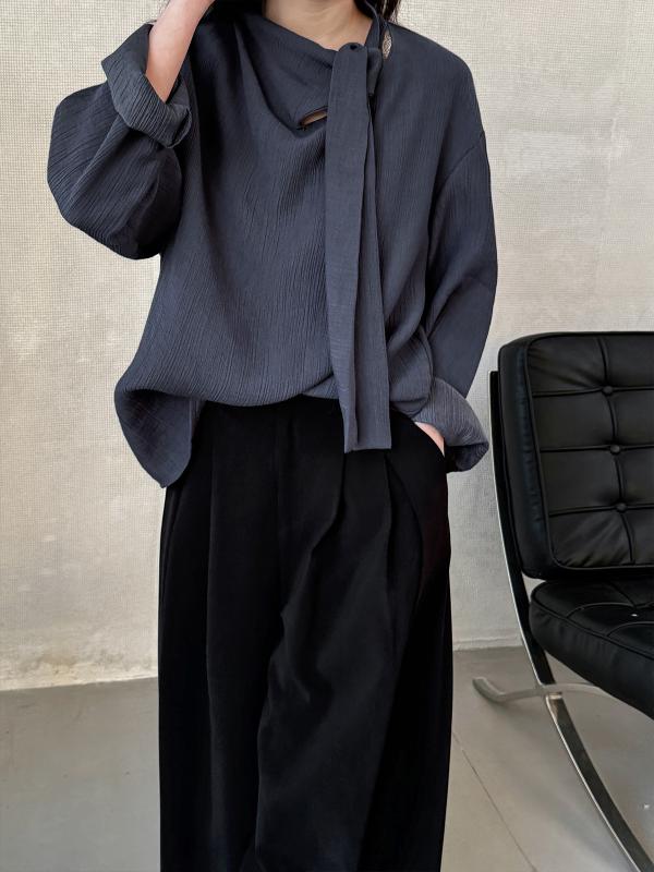 レディース シャツ 春夏 レトロ 上品 リボン 質感 紐 付き スリム 効果 通勤 用 トップス ブラウス
