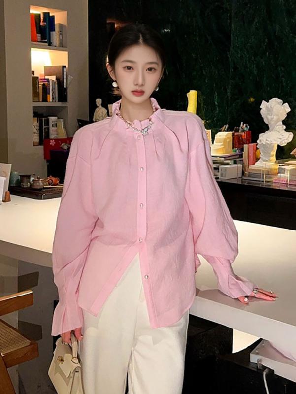 レディース シャツ 中国 立領 デザイン 春 薄手 高級感 軽量 トップス ブラウス エレガント スタイル 女性用 上衣 軽やか 素材 普段使い 春物 吸湿速乾 機能 美しい シルエット Vネック 代替 形状 ピンク系 カラー アイボリー 選択 ベージ