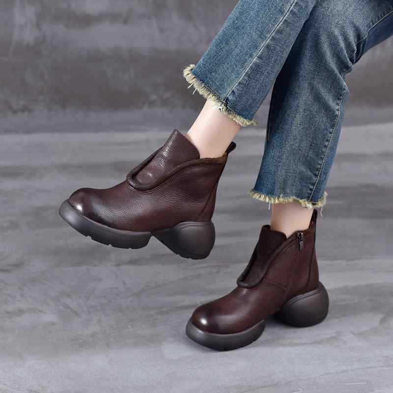 冬用 女性用 厚底 ショートブーツ レトロ 牛革 高級感 ラウンドトゥ サイドジッパー 快適 普段使い シューズ クッション性 軽量 ベーシックスタイル｜北摂軽太郎便