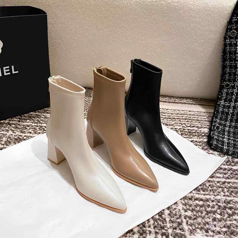 女性用 本革 ハイヒール シューズ シンプル デザイン ポインテッドトゥ アンクルブーツ 伸縮性 スリム シルエット 軽量 快適 普段使い ブラック ベージュ