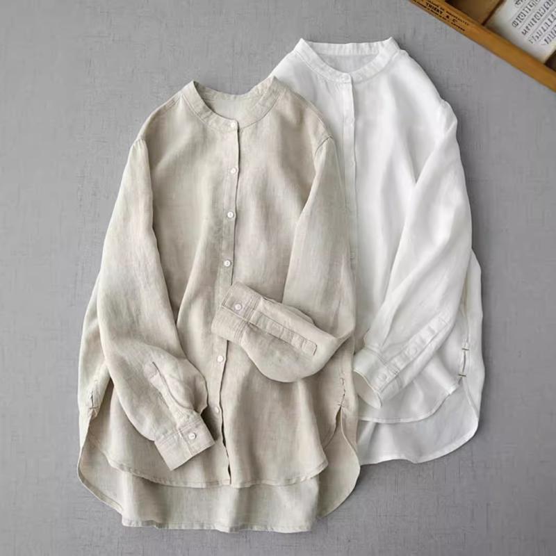 レディース 秋 リネン ゆったり 長袖 花辺 立領 カーディガン シャツ 通勤用 上品 快適 トップス 多用途 柔らかい 軽量 吸湿速乾