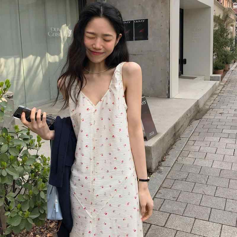 レディース 夏 ワンピース 韓国 かわいい 爽やか 花柄 Vネック ゆったり ノースリーブ キャミスタイル 切り替え ロング丈 ドレス カジュアル デイリー 軽やか シルエット