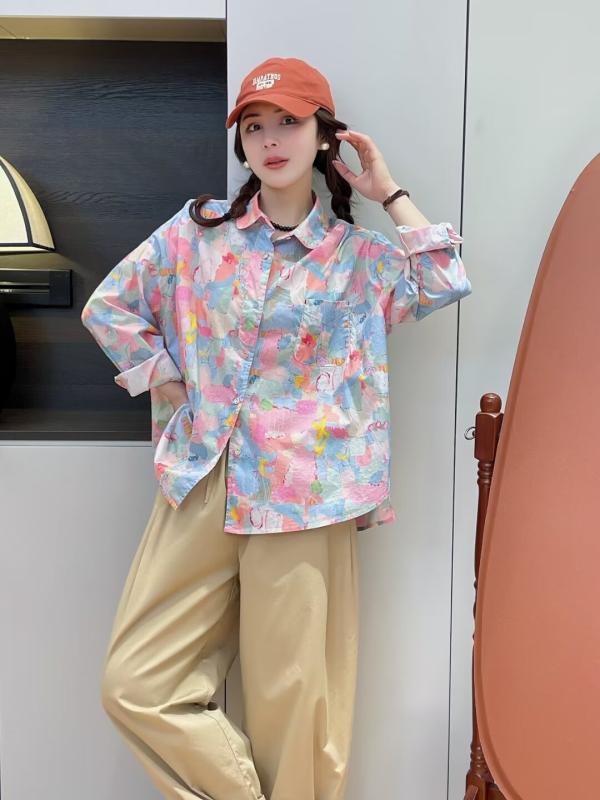 シャツ レディース 春夏 韓国 かわいい 花柄 プリント ポロ襟 ハイウエスト ビッグシルエット コットン 薄手 軽量 ゆったり カジュアル 普段使い 通勤用