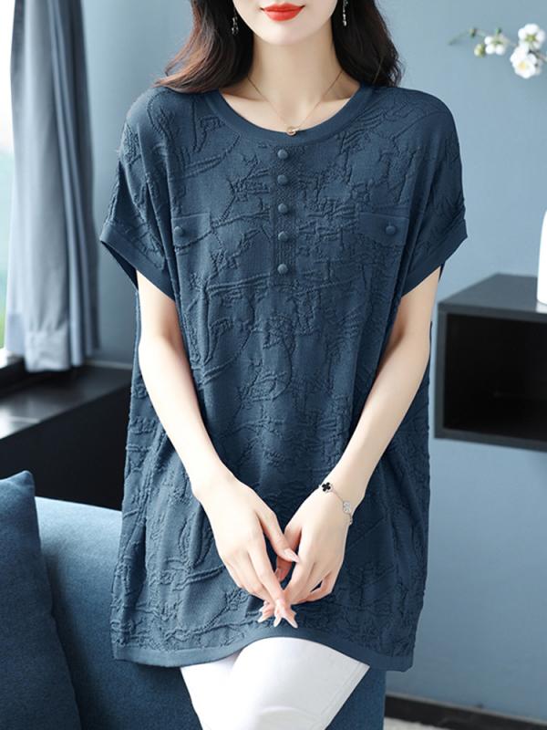 Tシャツ レディース 中国 織り柄 クルーネック ビッグシルエット 短袖 中長丈 接触冷感 ニット トップス 夏用 カジュアル 普段使い 軽量 吸湿速乾