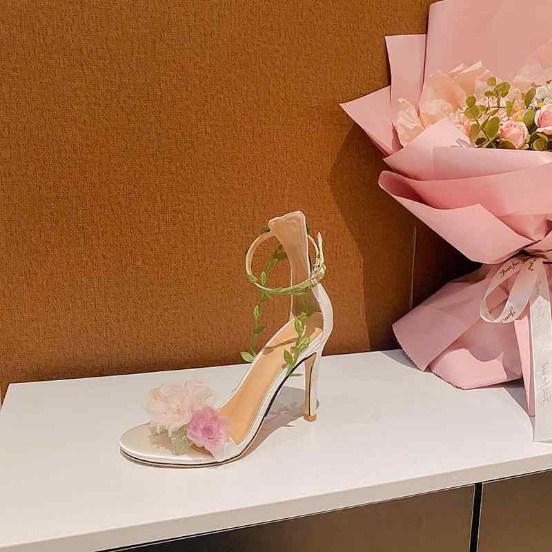 ウェディングサンダル レディース ピンク 花柄 チュール素材 ハイヒール ストラップ 蔓デザイン ファンタジー ガーデンスタイル 軽量 伸縮性 夏向け フォーマル 普段使い