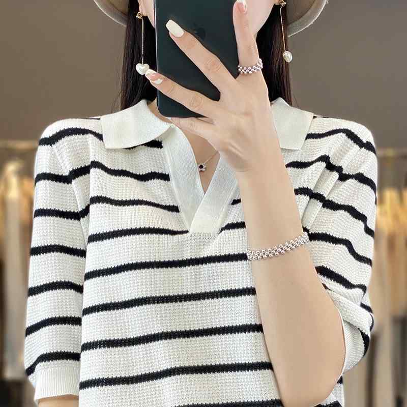レディース 夏 薄手 羊毛 ポロカラ ストライプ柄 五分袖 ゆったり トップス シャツ インナー コーディネートしやすい 軽量 通気性 吸湿速乾