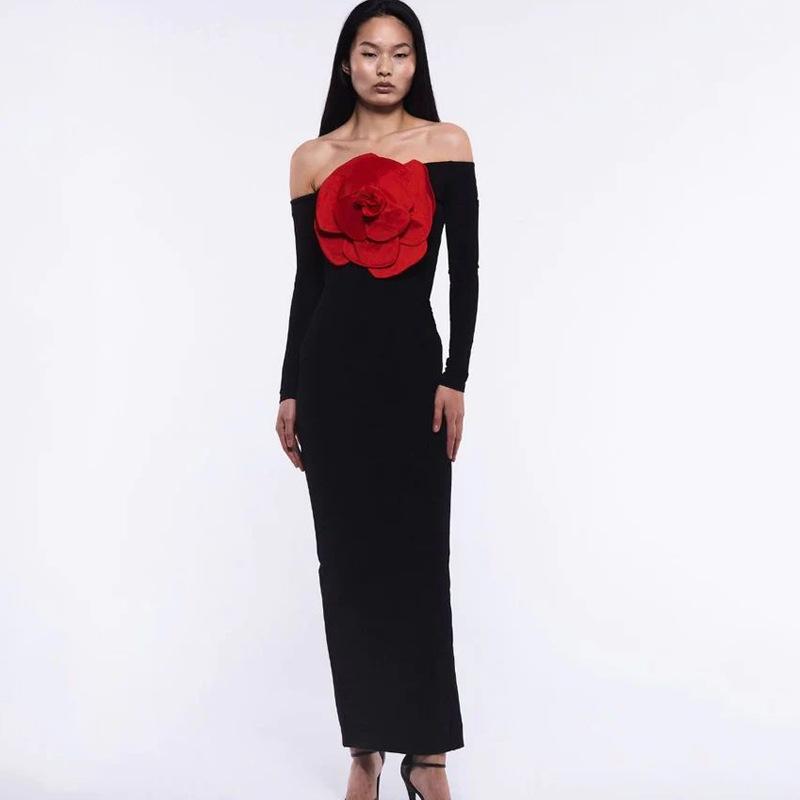 ワンピース レディース セクシー ストラップレス ロング バックレス 花飾り サイドスリット ボディコンシルエット ドレス ファッション 女性用