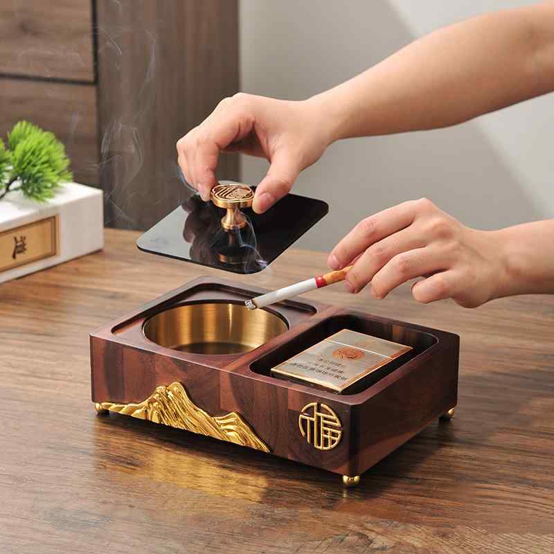 灰皿 中華 実木製 蓋付き添い人 大型 飛灰押しとどめる 金属元素製  個人的特徴的  身寄り用 リビング 執務室 室内装飾 木製 耐久性 御前上等感