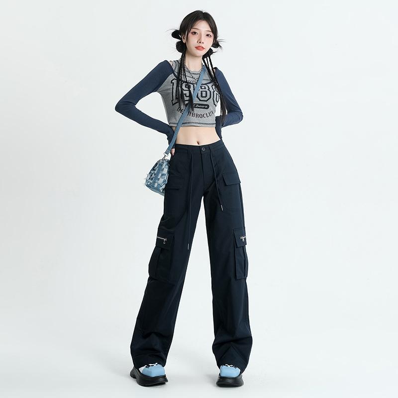 カーゴパンツ レディース 紺色 春秋 アメリカンスタイル ゆったり ハイウエスト ワイドレッグ ストレート 細見え カジュアル 普段使い ボトムス ルーズフィット