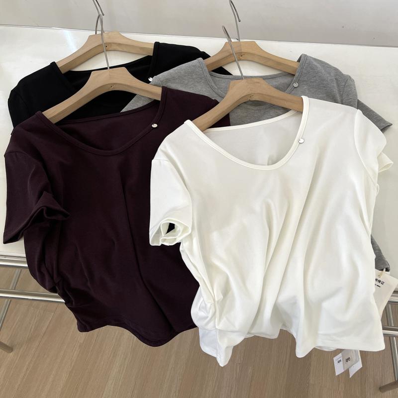 Tシャツ レディース Uネック 短袖 夏 プリーツ ウエスト ショート丈 スリムフィット 単色 フィット感 ストレートショルダー 普段使い トップス カジュアル