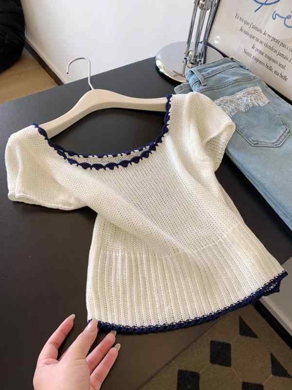 トップス 女性用 白 深Uネック ニット 短袖 夏用 小柄対応 短丈 修身 ストレート カジュアル 日常使い 軽量 吸湿速乾 柔らかい素材