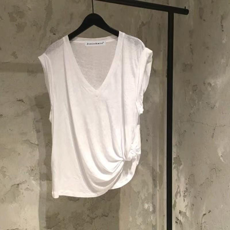 Tシャツ レディース 春夏 Vネック ホワイト スリムフィット アシンメトリー ノースリーブ トップス ベーシック カジュアル 普段使い シンプル デザイン 軽やか シルエット