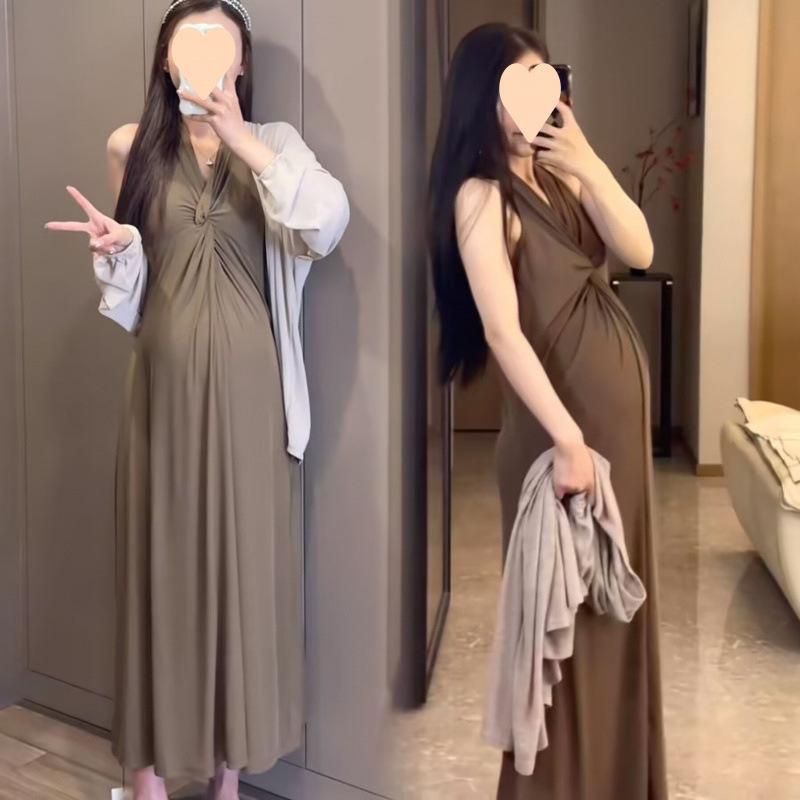 マタニティ 春夏 ハルターネック キャミソールドレス 長袖 カーディガン アウター 妊婦服 2ピース セット 伸縮性 軽量 快適 フランス スタイル