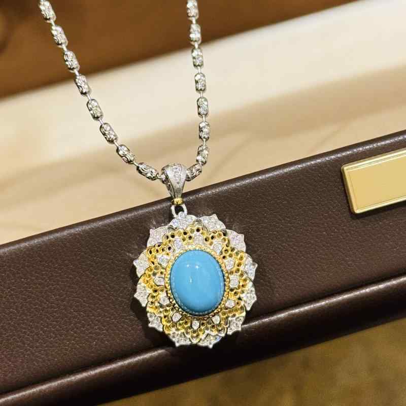 ネックレス シルバー ターコイズ ペンダント レトロ 宮廷 レース 透かし彫り 二色 ブラシ仕上げ 石 アクセサリー 女性用 華奢 細工 ジュエリー 日常使い ギフト ラブリー モダン クラシック 装飾品｜北摂軽太郎便