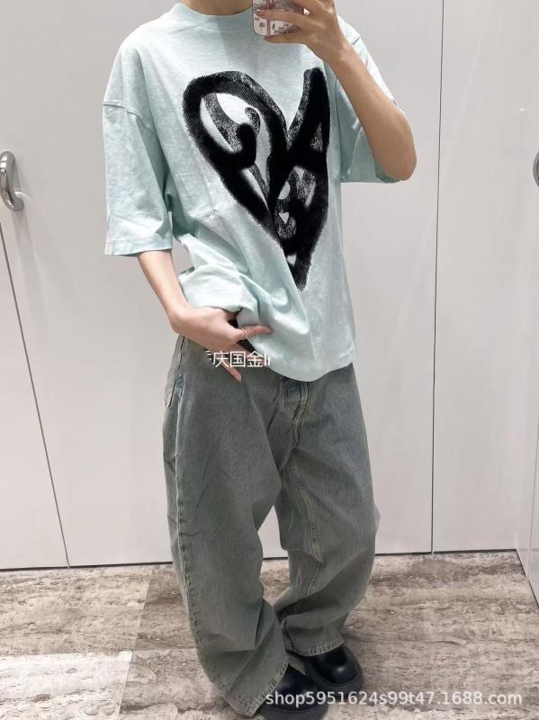トップス ユニセックス 夏用 ゆったり ハート柄 起毛加工 クルーネック Tシャツ スリム効果 カジュアル ルーズフィット コットン混 吸湿速乾 軽量 普段使い