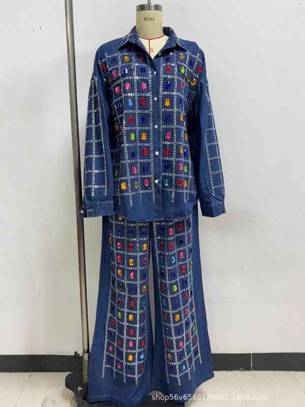 レディース 春 デニム シャツ ワイド レッグ パンツ セット スパンコール 加工 デザイン 感 スタイリッシュ コーデ 普段使い