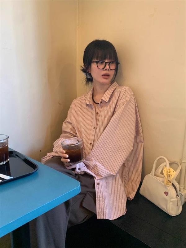 シャツ レディース 春 長袖 ゆったり 細見え コントラスト ストライプ カジュアル トップス 普段使い 軽量|北摂軽太郎便