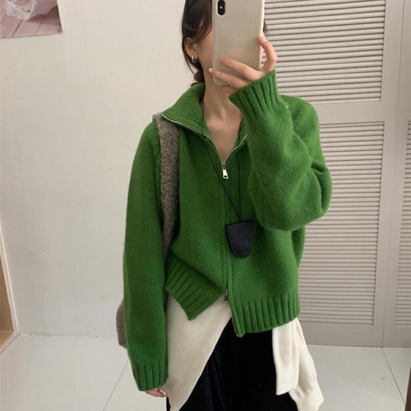 ニット カーディガン レディース 秋冬 ダブルジッパー スタンドカラー ルーズフィット リラックススタイル 厚手 セーター アウター 普段使い 暖かみ ゆったりシルエット ベーシック トップス レイヤード