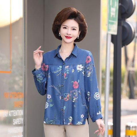 シャツ レディース 中高年向け 春秋 デニム 薄手 花柄 ママスタイル トップス カジュアル 普段使い 軽量 再生繊維
