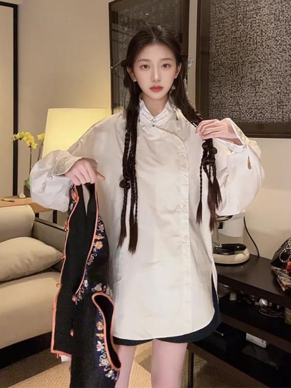 レディース 長袖 シャツ 中国 立襟 ゆったり 単色 盤扣 カジュアル 普段使い コーディネートしやすい トップス ブラウス ルーズフィット スタンドカラー ソリッドカラー