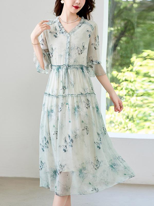ワンピース レディース 夏用 シルク ジョルジェット 中袖 花柄 プリント おしゃれ 軽やか 通気性 サラサラ 素材 普段使い カジュアル スタイル｜北摂軽太郎便