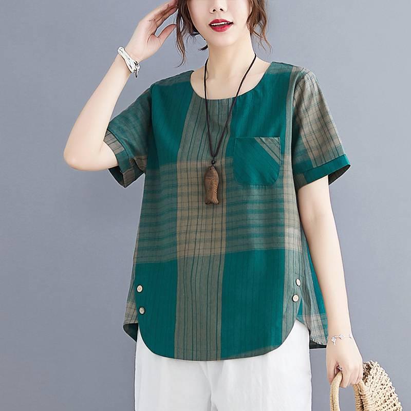 Tシャツ レディース トップス ゆったりシルエット チェック柄 ストライプ柄 ラウンドネック 短袖 綿麻素材 スリム見せ 日常外出用 カジュアル