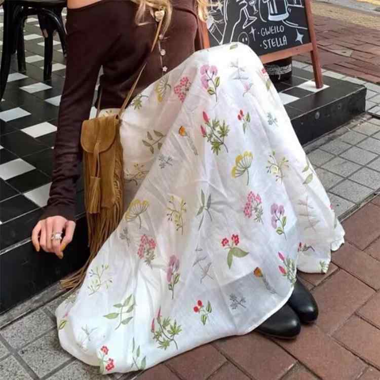 スコート レディース ロング A伝達ルート 白 小花柄 夏 溜まり場 ビンテージ フレンチ表現スタイル 収腰 か細い 酉の方角シェイプ 口さかしい 冷やりとした 太陽フレア midi丈 花柄 お上さん用 通い 普段使い