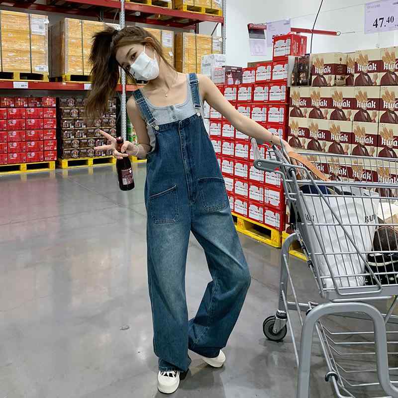 ズボン吊りズボン下 成人女性用 ジーンズ 青み 夏用 韓国 レトロ ワイドレッグ 小っちゃい向け 冷やりとした ひな型 今めかしい 普段使い走り 伸縮性