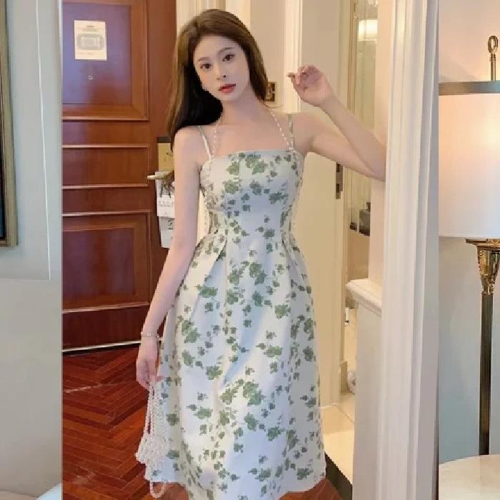レディース ロング衣装 春夏 フランス共和国 シフォン 小花柄 緑であること 同盟罷工さあ美 か細い 女子らしい 軽さ 透け感 上半身シェイプ 普段使い走り 愛くるしげ 表現スタイル