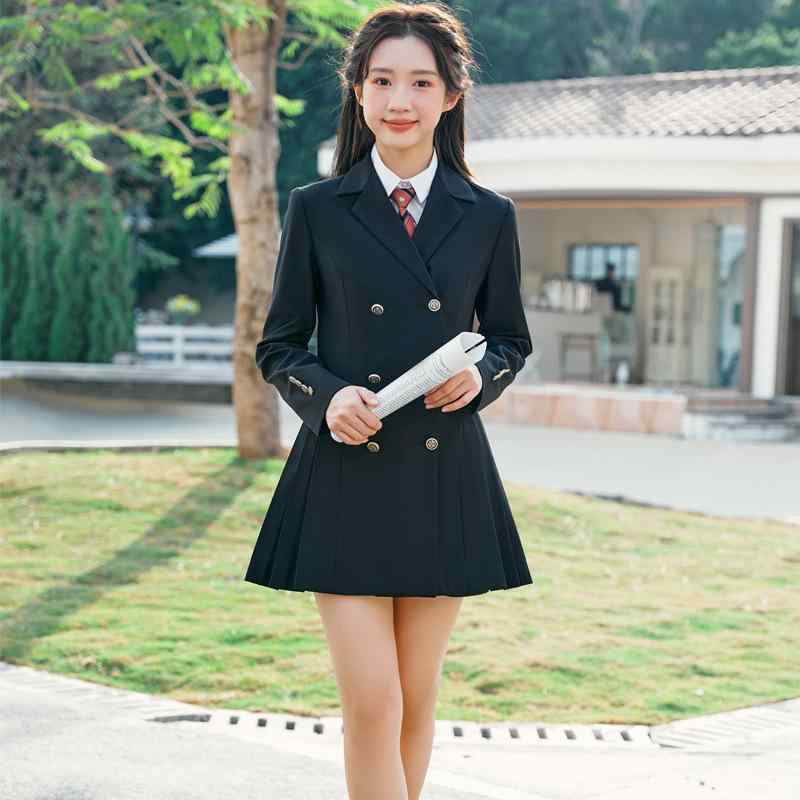 ワンピース レディース 春夏 スクール風 学生制服 長袖 アウター ワーク ユニフォーム 幼稚園教諭 保育士 高校生 ブラック 無地 ポリエステル 伸縮性 ショート丈 OL通勤 オフィススタイル