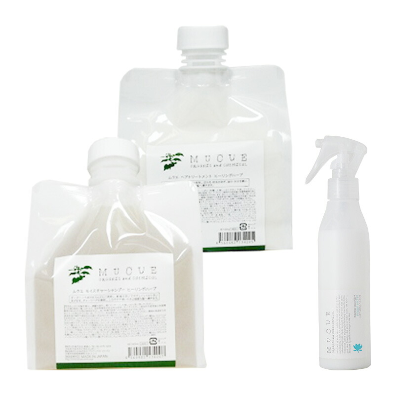 【LINE登録で300円OFF】MUCUE ムクエ モイスチャーシャンプー ヒーリングハーブ 600ml 詰替用＋ヘアトリートメント ヒーリングハーブ 600g 詰替用＋ぷるぷるジュレミスト メリーホワイト 180g 計3個セット[birakushin 美楽心 ダメージケア]