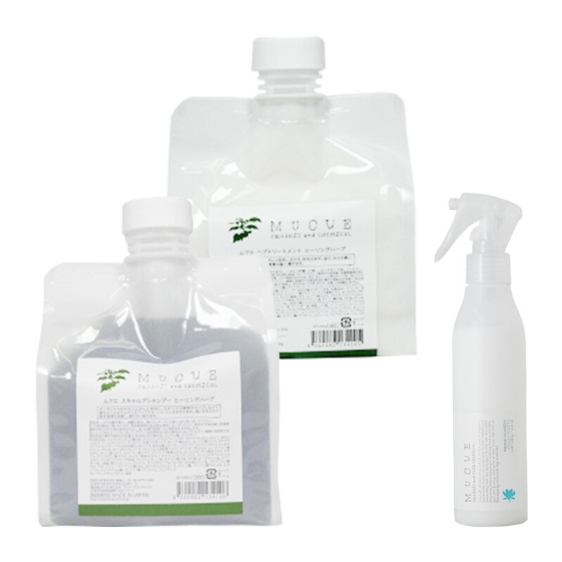 【LINE登録で300円OFF】MUCUE ムクエ スキャルプシャンプー ヒーリングハーブ 600ml 詰替用＋ヘアトリートメント ヒーリングハーブ 600g 詰替用＋ぷるぷるジュレミスト メリーホワイト 180g 計3個セット[birakushin 美楽心 頭皮ケア スキャルプ]