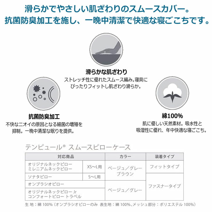 うのにもお得な TEMPUR テンピュール スムースピローケース オンブラシオ用 グレー 19C095 枕カバー 抗菌防臭加工 綿 スムース生地  amazingimoveis.com.br