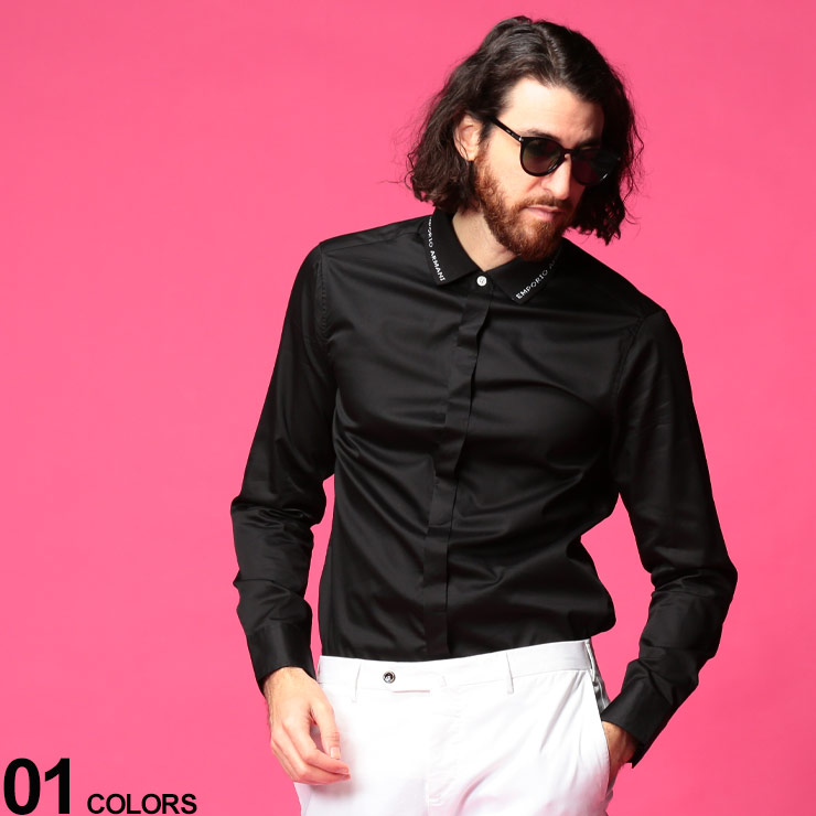 Armani 男性 カジュアルシャツ メンズ シャツ ブランド 無地 きれいめ きれいめ Emporio ロゴ エンポリオアルマーニ トップス 長袖 シンプル 春 秋 ロゴ Emporio Armani エンポリオアルマーニ コットン ロゴネック リブ衿 長袖 シャツブランド メンズ 男性 トップス