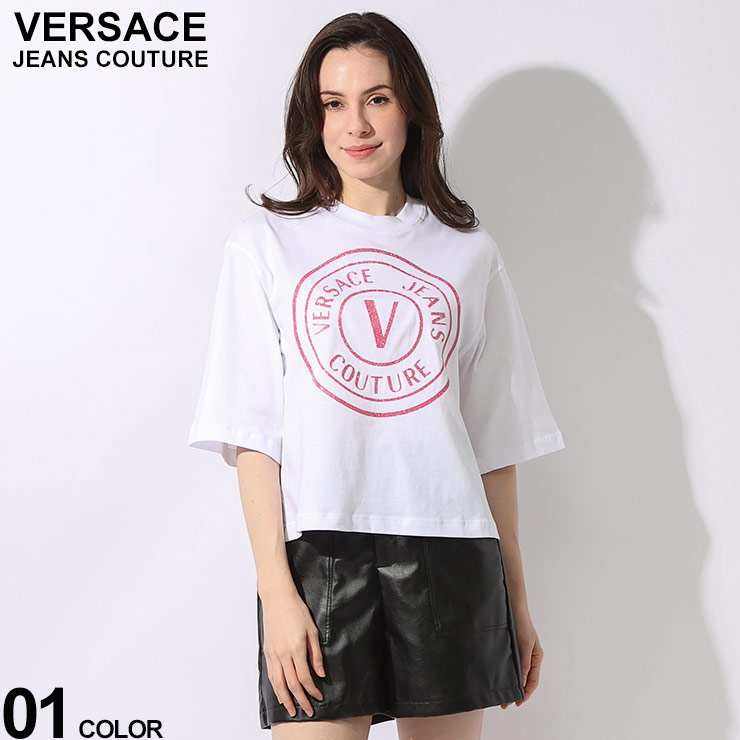 VERSACE JEANS COUTURE (ヴェルサーチェ ジーンズ クチュール) ラメBIGサークル クルーネック 五分袖 Tシャツ VCL76HAHG05 ブランド レディース トップス Tシャツ 半袖 シャツ