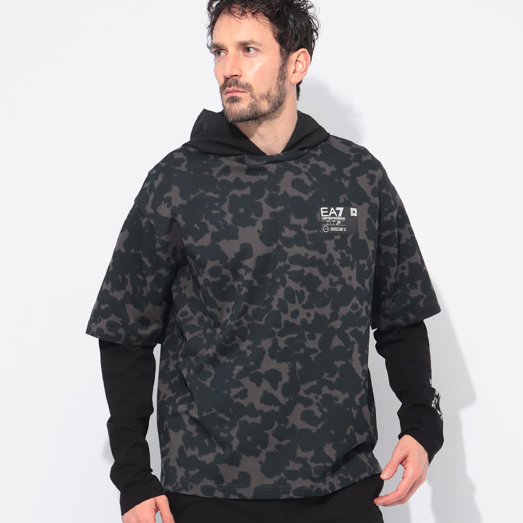 エンポリオアルマーニ EMPORIO ARMANI 迷彩柄 フェイクレイヤード 長袖 Tシャツ EA77M245AF12874 ブランド メンズ 男性 トップス Tシャツ ロンT フード カモフラ レイヤード