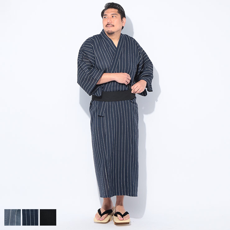 B＆T CLUB (ビーアンドティークラブ) ストライプ＆無地 ワンタッチ帯 浴衣 扇子付き 3点セット 323699D22 大きいサイズ メンズ 浴衣 セット 和服 祭り 花火大会 かんたん帯