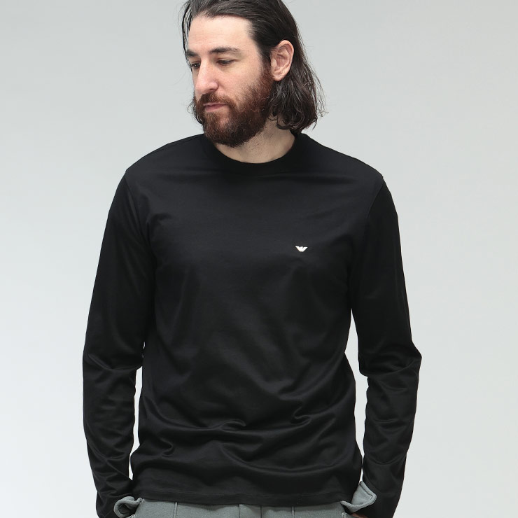 エンポリオアルマーニ ロンT メンズ EMPORIO ARMANI ロゴ 刺繍 クルーネック 長袖 Tシャツ EAM4591AF13747 ブランド トップス ブラック