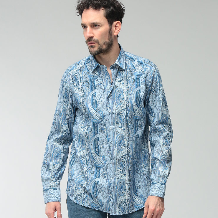 エトロ メンズ シャツ 長袖 ETRO ペイズリー柄 ストレッチ コットン カジュアル シャツ ETMRIB199SAEF9 ブランド トップス ネイビー