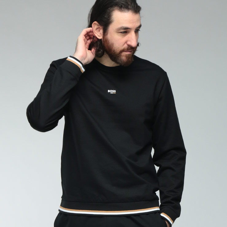 ヒューゴボス メンズ ティーシャツ 長袖 HUGO BOSS ロゴタイプ リブライン 労働者の一団のど首 カットソー ロンT HBU50554836 ブランド名 トップス セットアップ可 黒いこと